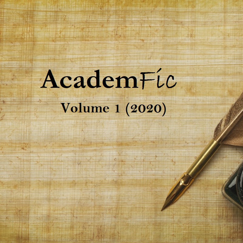 Graphic of quill pen and ink well with the word AcademicFic Volume 1 (2020)