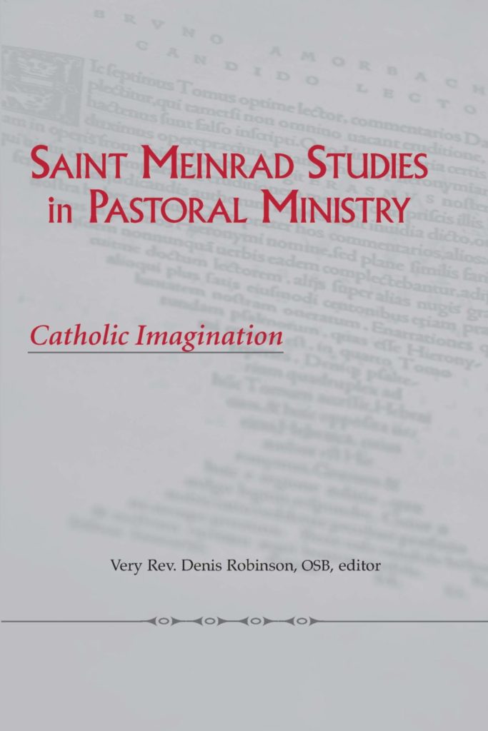 Saint Meinrad Studies in Pastoral Ministry No. 2: Catholic Imagination cover with plain gray background over watermarked text and red lettering for the title