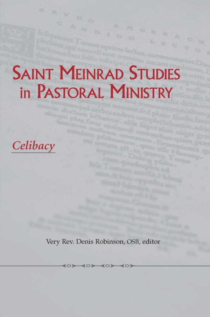 Saint Meinrad Studies in Pastoral Ministry No. 1 Celibacy book cover with plain gray background over watermarked text and red lettering for the title