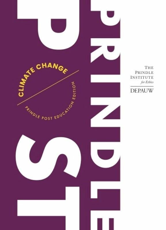 Prindle Post cover from the Prindle Institute for Ethics, DePauw University. The cover is purple and white, and reads in yellow letters: Climate Change - Prindle Post Education Edition