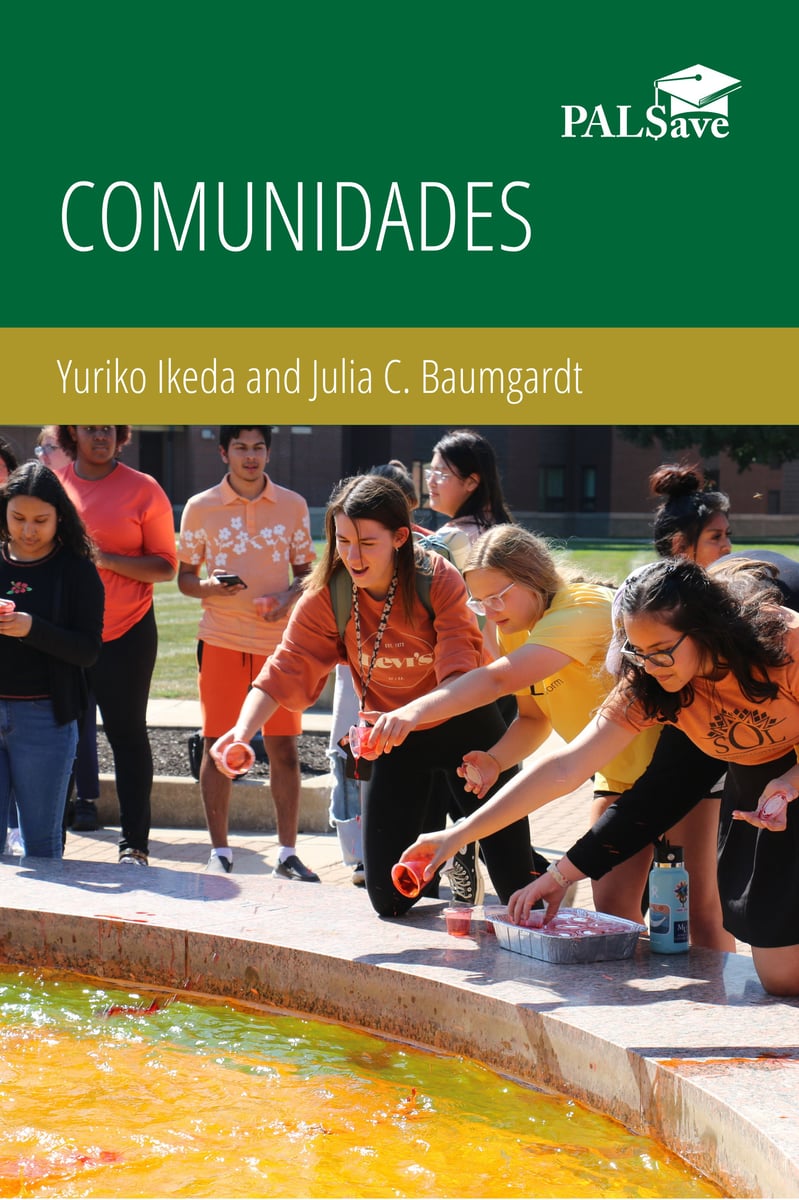 Comunidades book cover featuring a photo of students throwing things from small cups into a fountain.