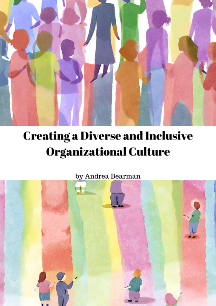 Creating a Diverse and Inclusive Organizational Culture with decorative striped watercolor background and illustrations of people. 