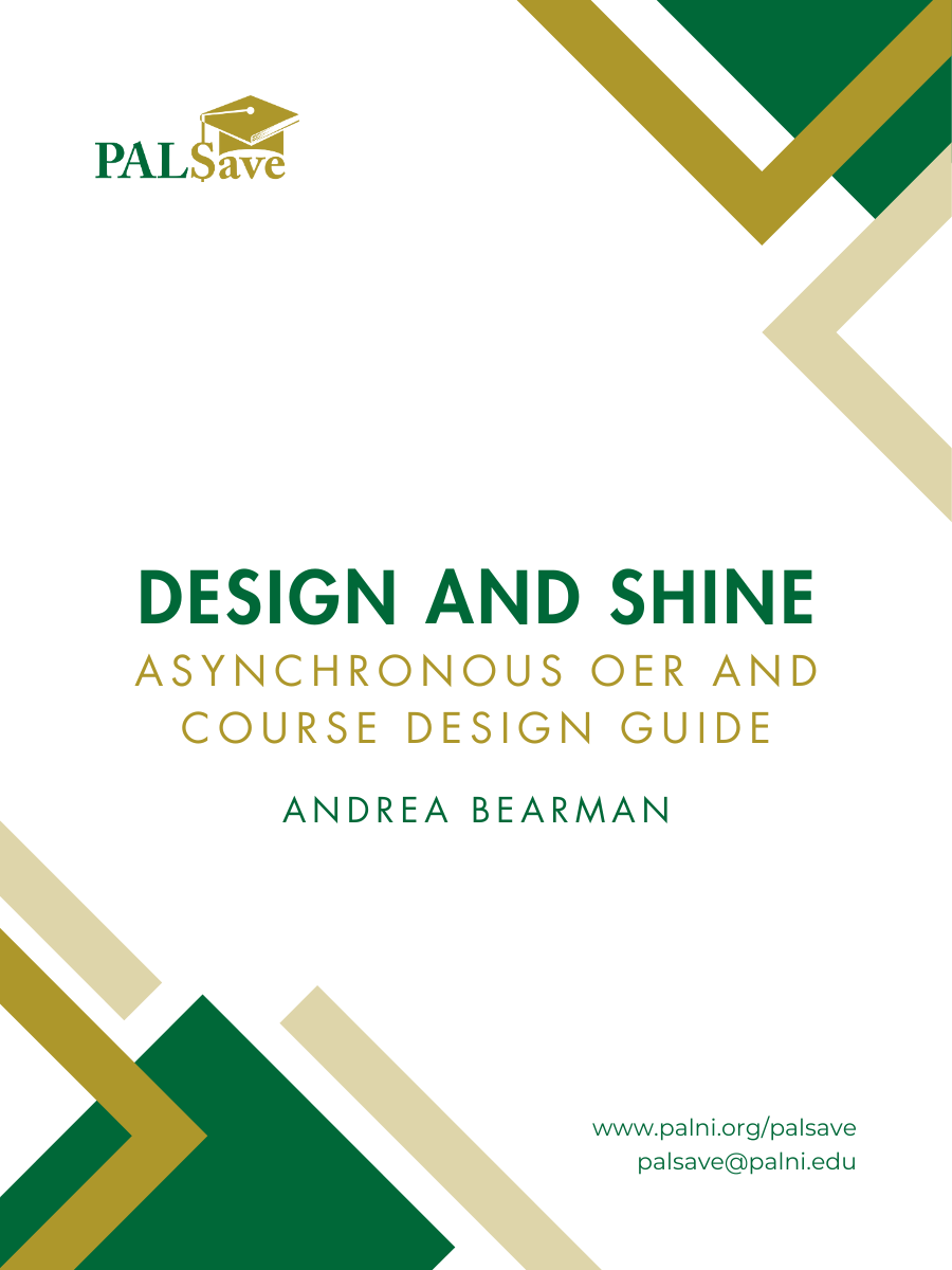 Decorative green and gold book cover for Design and Shine: Asynchronous OER and Course Design Guide with geometric shapes.