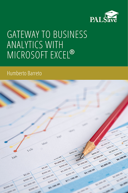 Gateway to Business Analytics with Microsoft Excel book cover picturing Excel sheets with colorful bar and line graphs and a red pencil.