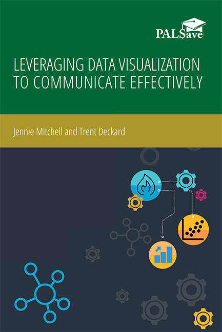 Leveraging Data Visualization to Communicate Effectively book cover with graphic designs representing data such as cogs, scatter plots and bar charts.