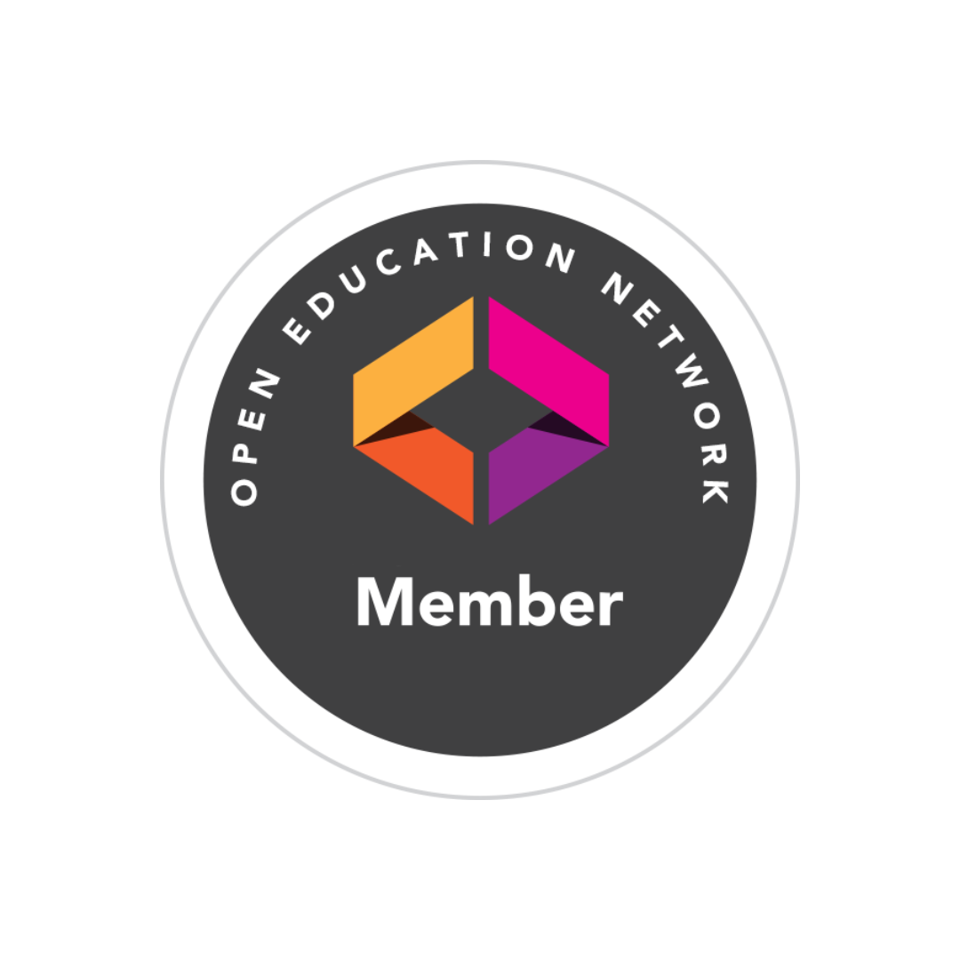 Dark gray, circular Open Education Network Member badge with pink, purple, orange and yellow logo