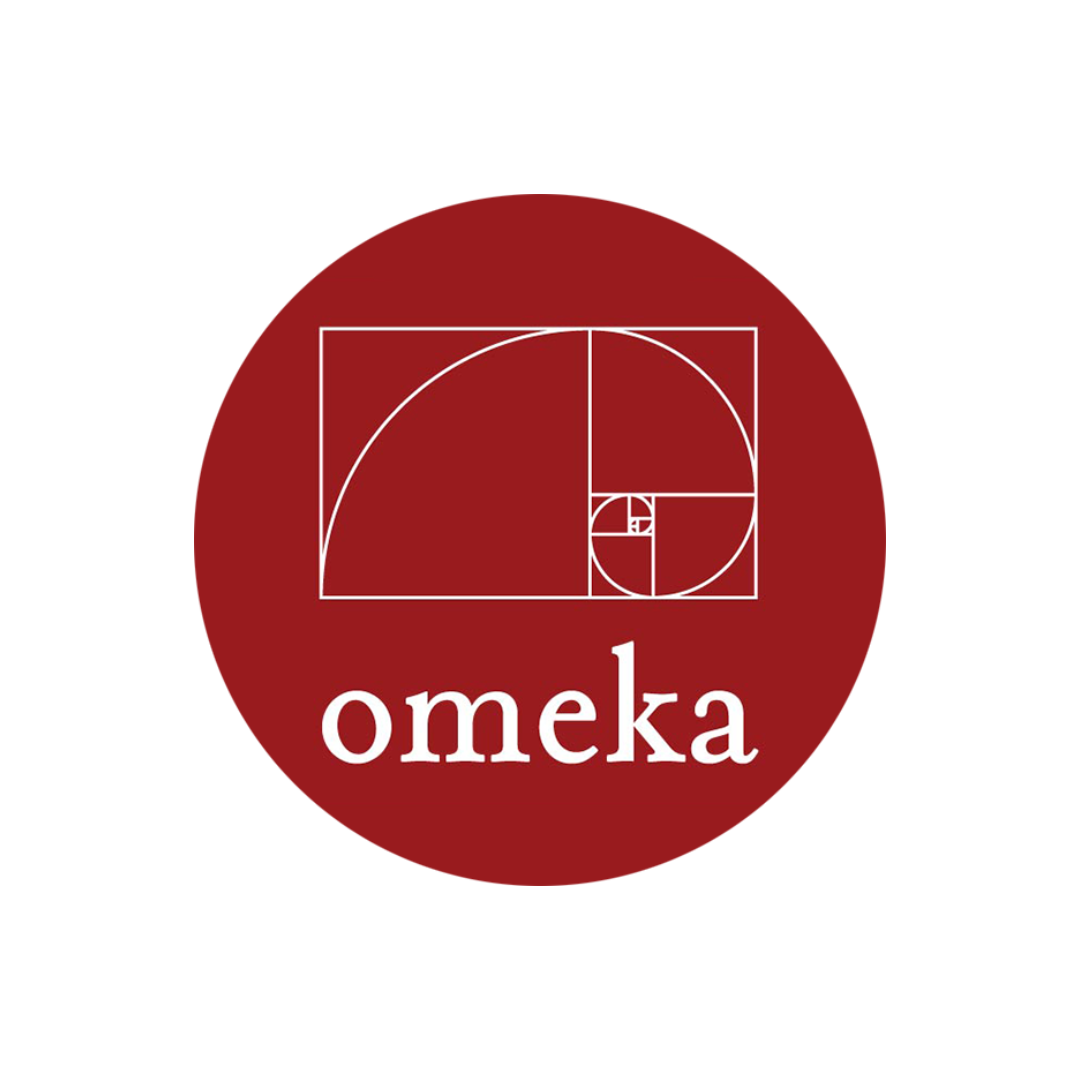 Red circular Omeka logo with decorative image