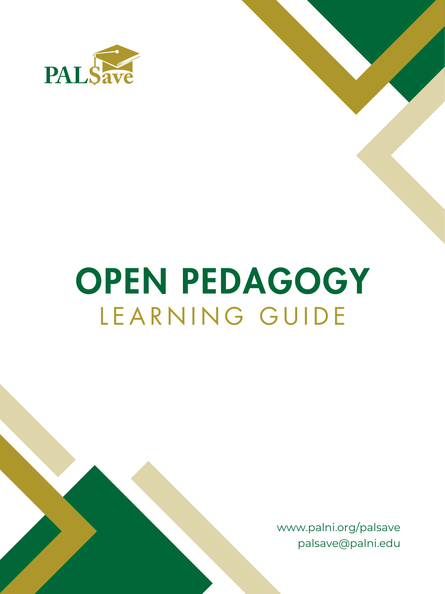 Book cover with basic green and gold graphic design and title: Open Pedagogy Learning Guide. It contains the PALSave logo, URL and email address.