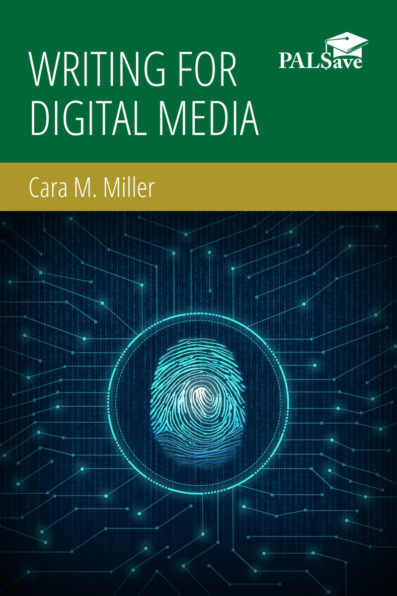 Writing for Digital Media ebook cover with graphic design of a blue digital thumbprint
