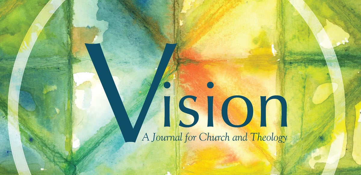 cover image for Vision: A Journal for Church and Theology, with decorative watercolor pattern behind the title.